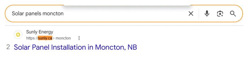 Google result 2: Sunly Energy for Solar panels moncton