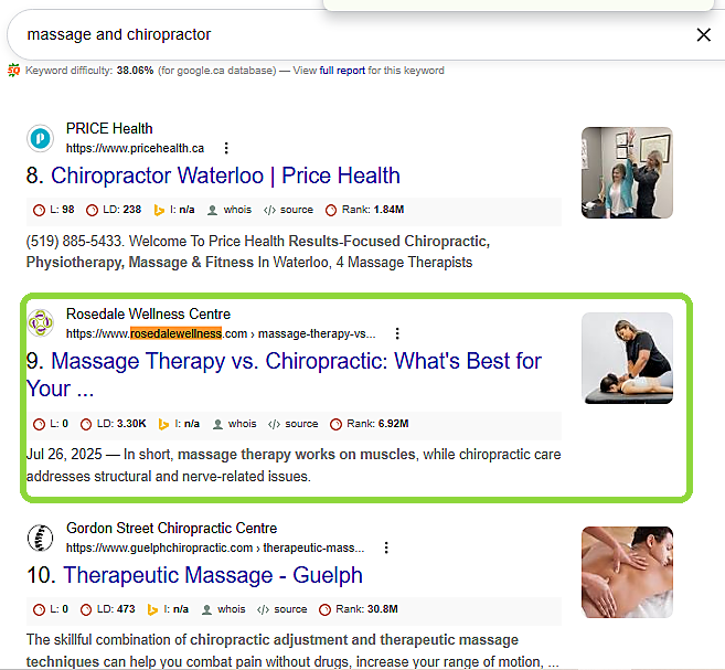Google result showing Rosedale Wellness Centre ninth for massage and chiropractor