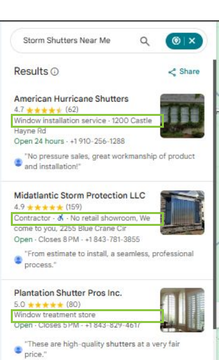 A Google Maps results list with the grey primary category line under each business name highlighted