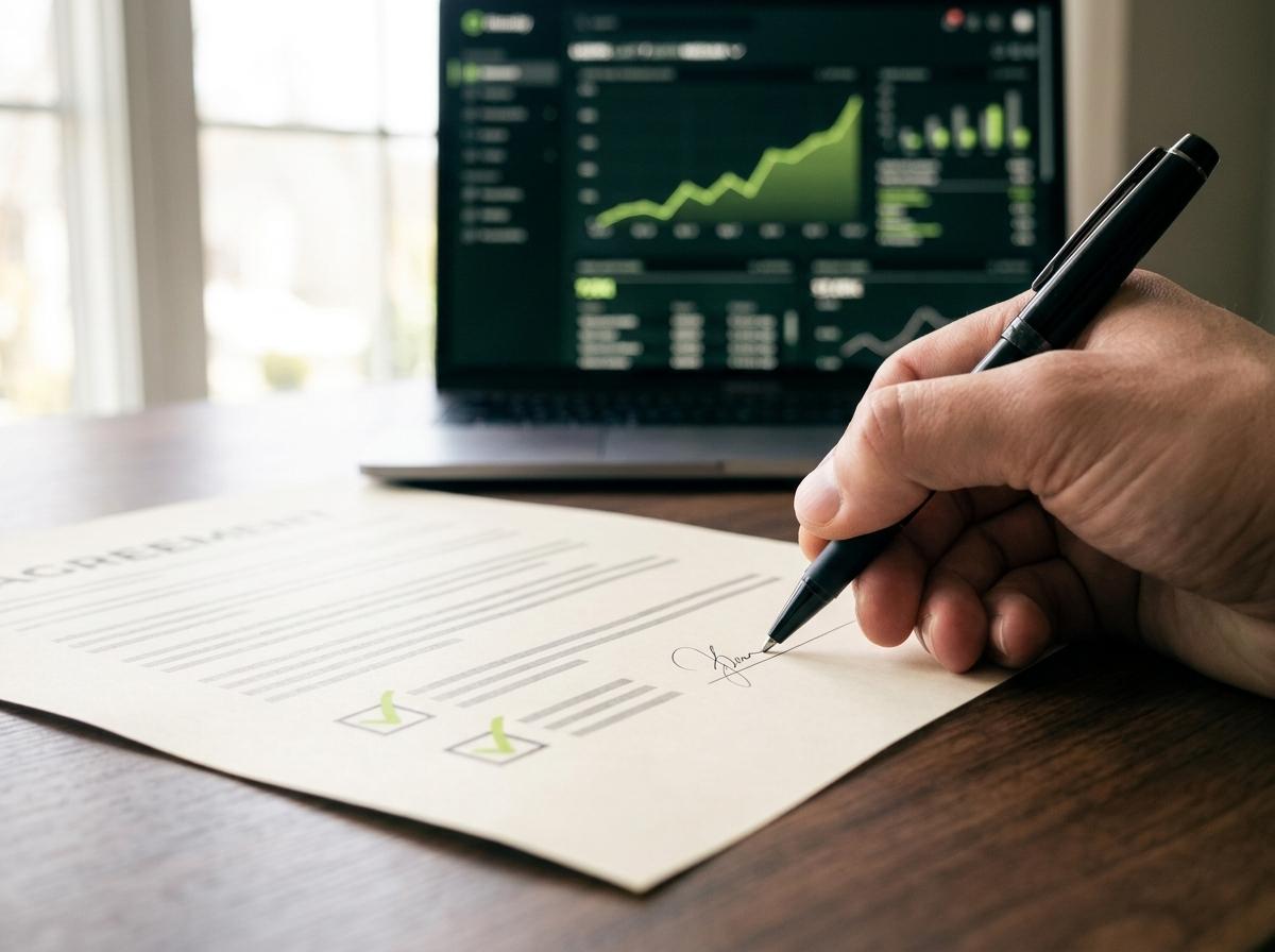 A hand signing a printed agreement with two green ticks, a laptop with a green chart behind it