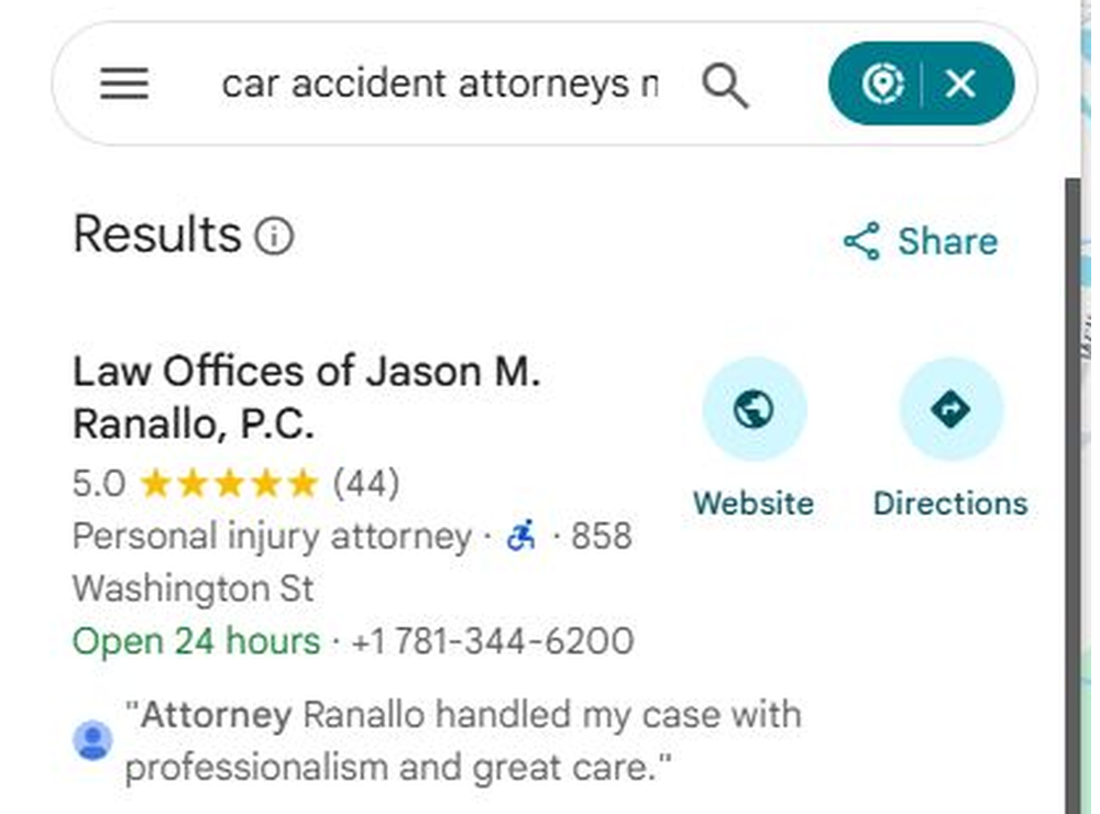 Google Maps results for car accident attorneys near me with Law Offices of Jason M. Ranallo, P.C. listed first, rated 5.0 from 44 reviews, personal injury attorney on Washington St, open 24 hours