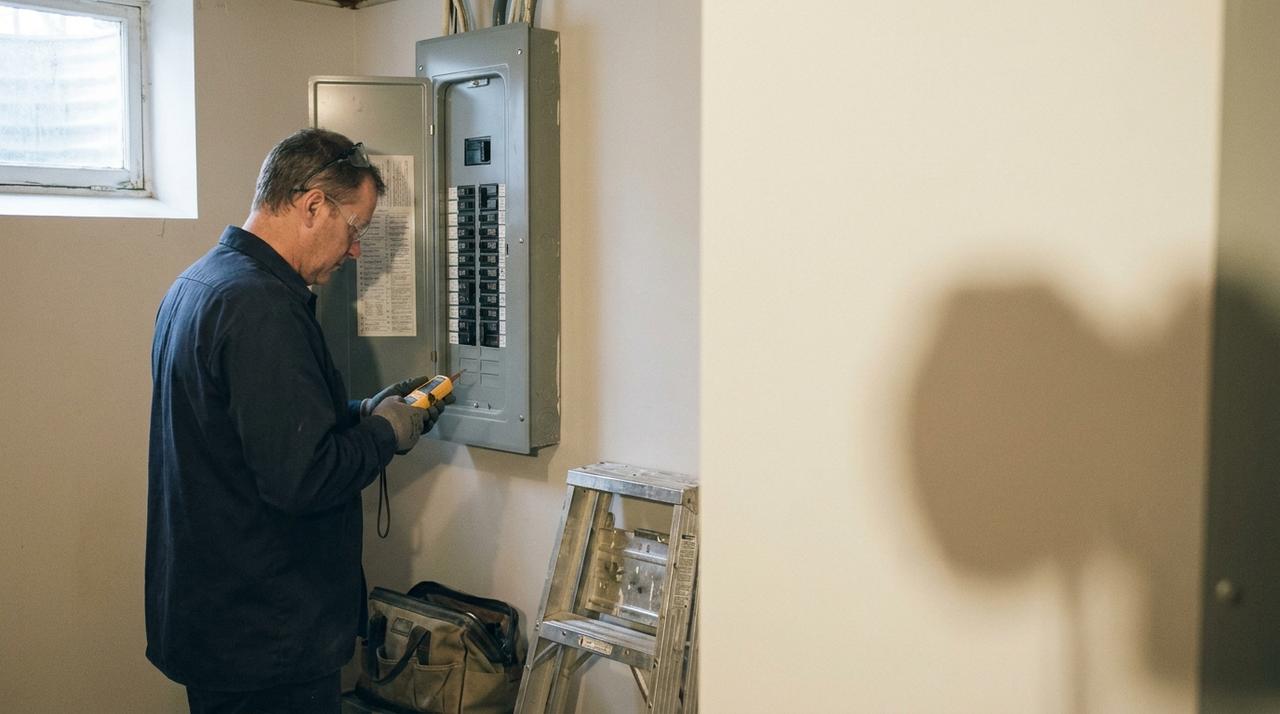 An electrician in safety glasses tests a breaker panel with a voltage tester in a home utility room, a step ladder and tool bag beside him