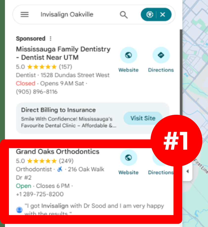 Google Maps results for Invisalign Oakville: one sponsored dentist, then Grand Oaks Orthodontics first with 5.0 stars from 249 reviews, marked #1