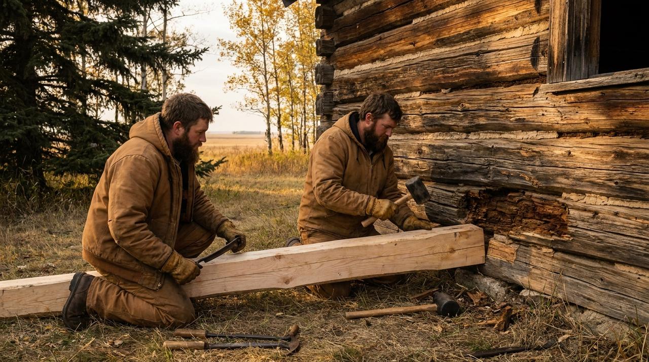 Two log home restoration craftsmen fitting a new log into the bottom course of a weathered log home in rural Manitoba, with the rotted section cut away