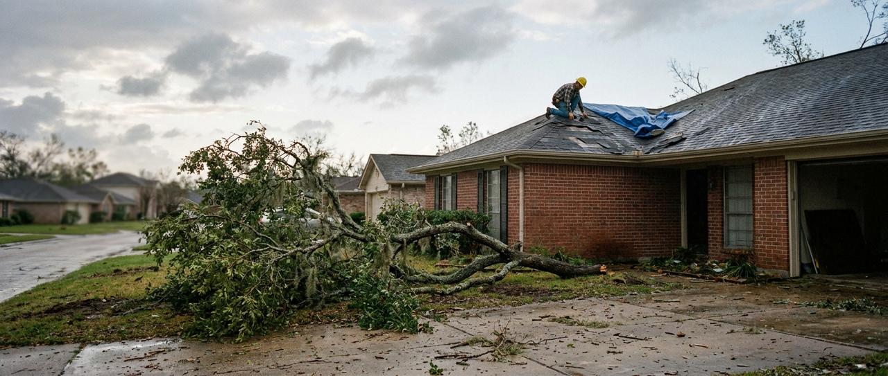 A roofer laying a tarp over a storm-damaged roof on a brick ranch house, with a fallen oak branch in the yard
