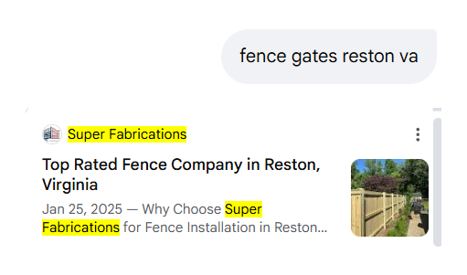 Google AI Mode for fence gates reston va with Super Fabrications as the top source card
