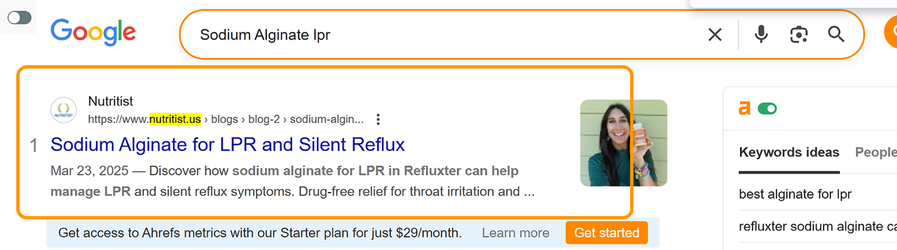Google result showing Nutritist first for Sodium Alginate LPR
