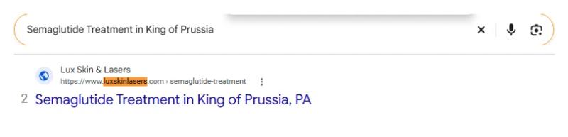 Google result 2: Lux Skin & Lasers for Semaglutide Treatment in King of Prussia