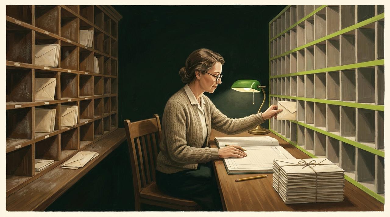 Painted illustration of a woman at a lamp-lit desk in an old post office sorting room, moving envelopes from dusty old pigeonholes on the left to new lime-edged pigeonholes on the right, with an open ledger and a tied stack of finished envelopes beside her.