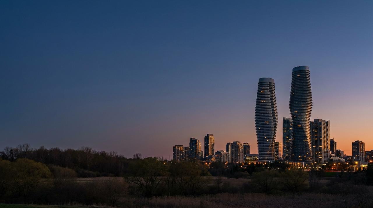 Mississauga city centre skyline at dusk with the Absolute World towers
