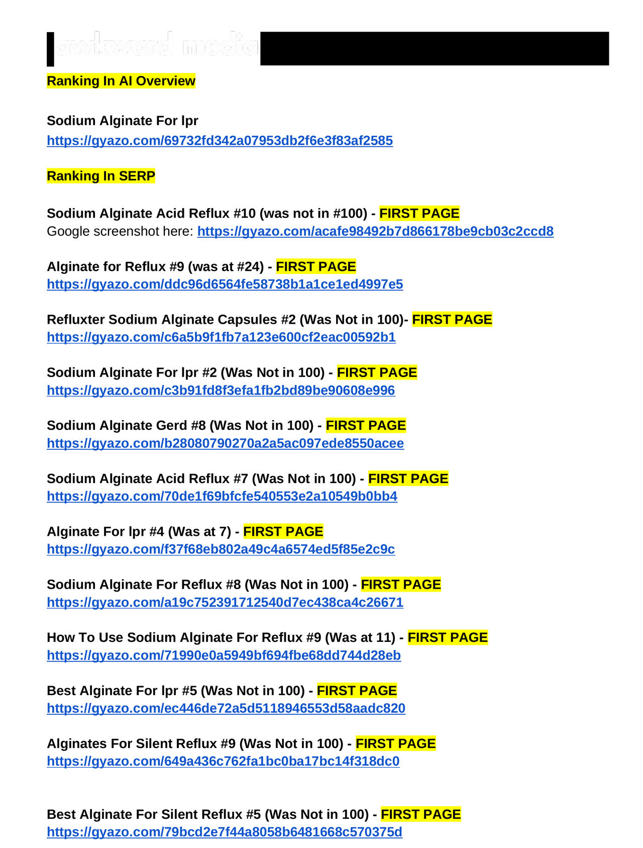 Nutritist campaign report showing twelve first-page search wins in 20 days