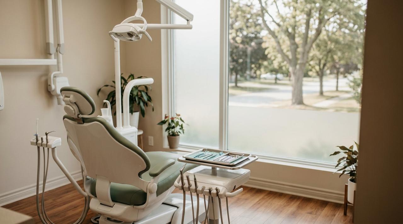 A bright dental treatment room in Oakville with a green dental chair, an instrument tray and a large window onto tree lined streets