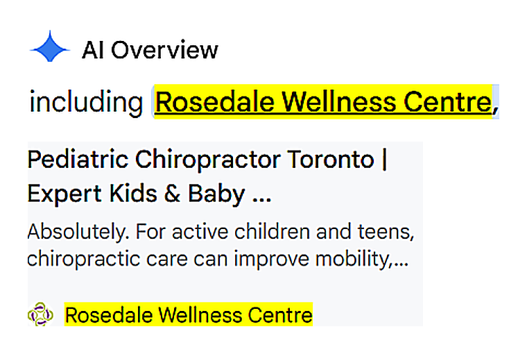 Google AI Overview naming Rosedale Wellness Centre for gentle chiropractic care for babies in Toronto, with its page cited as a source