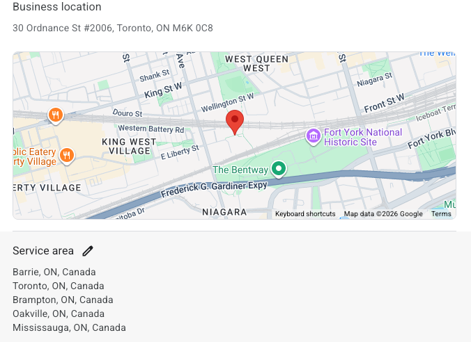 A Google Business Profile showing the business location pin above a service area list naming individual Ontario towns