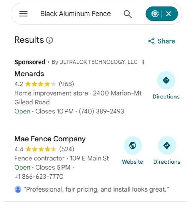 Google Maps results for black aluminum fence with Mae Fence Company at position 1