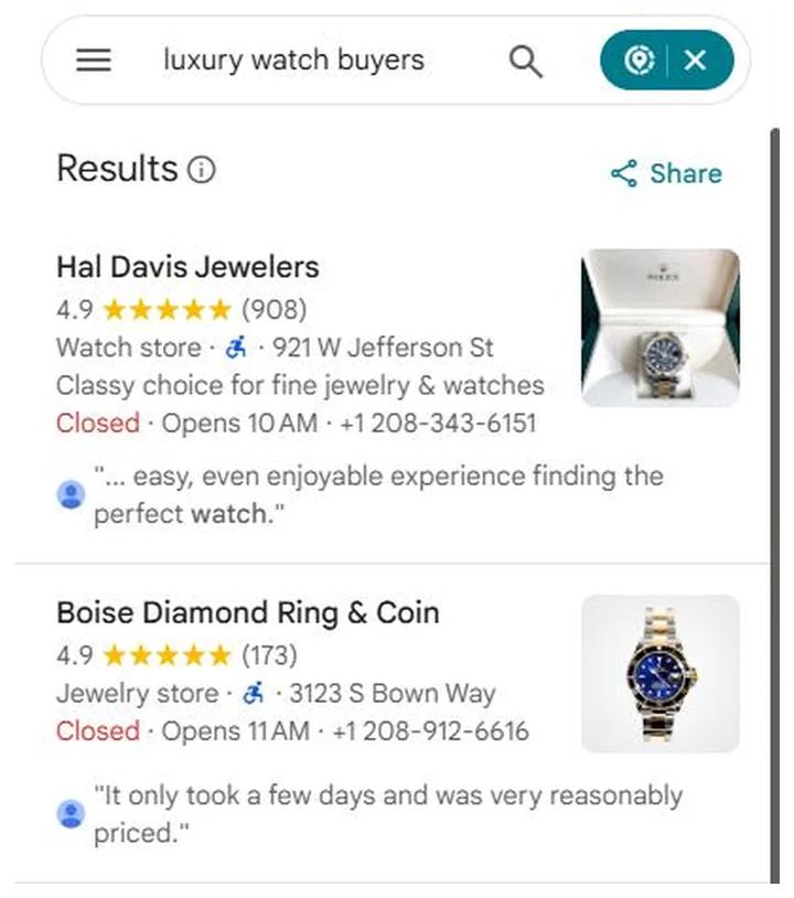 Google Maps results for luxury watch buyers with Boise Diamond Ring & Coin at position 2