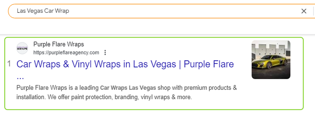 Google search for Las Vegas Car Wrap: Purple Flare Wraps is result number 1