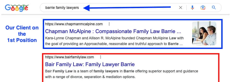Google results for barrie family lawyers with Chapman McAlpine first, above Bair Family Law