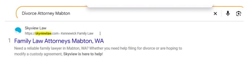 Google result 1: Skyview Law for Divorce attorney Mabton