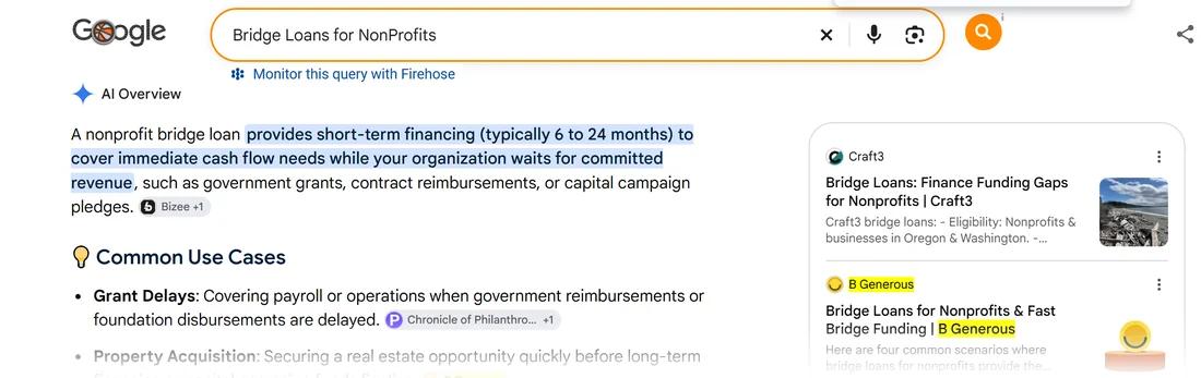 Google AI Overview for Bridge Loans for NonProfits naming B Generous