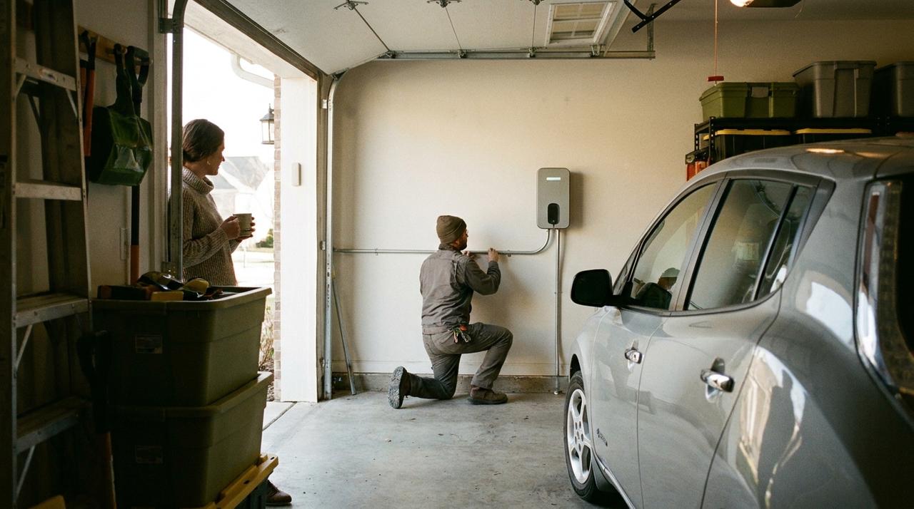 An electrician kneels to run conduit to a new wall-mounted EV charger in a home garage while the homeowner watches from the doorway with a coffee