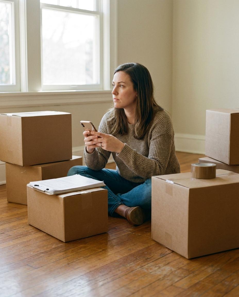 A woman sitting among taped moving boxes in a half packed living room, looking up movers on her phone