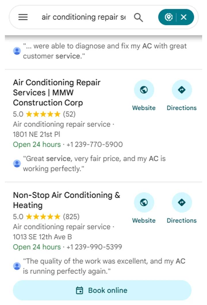 Google Maps results for air conditioning repair services with Non-Stop Air Conditioning & Heating at position 3