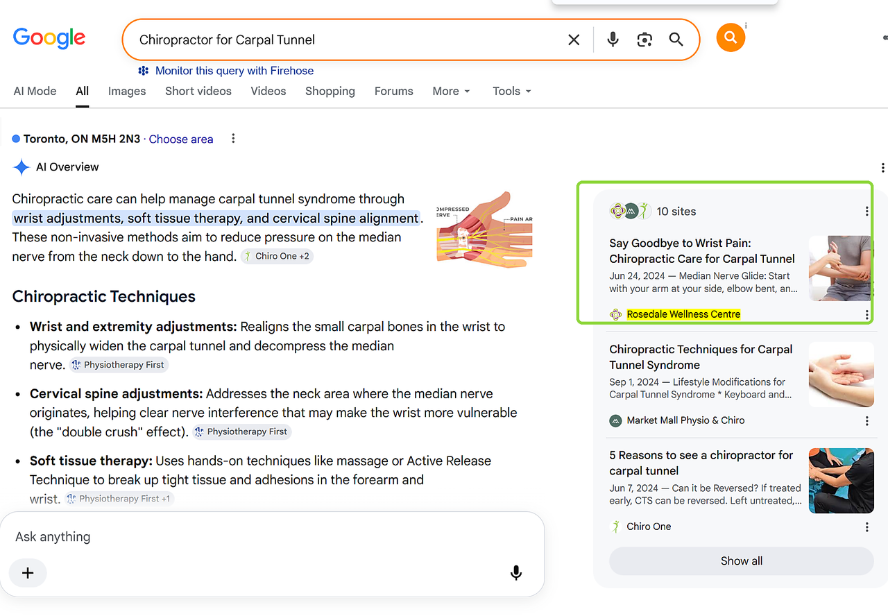 Google AI Overview showing Rosedale Wellness Centre as a cited source for chiropractor for carpal tunnel