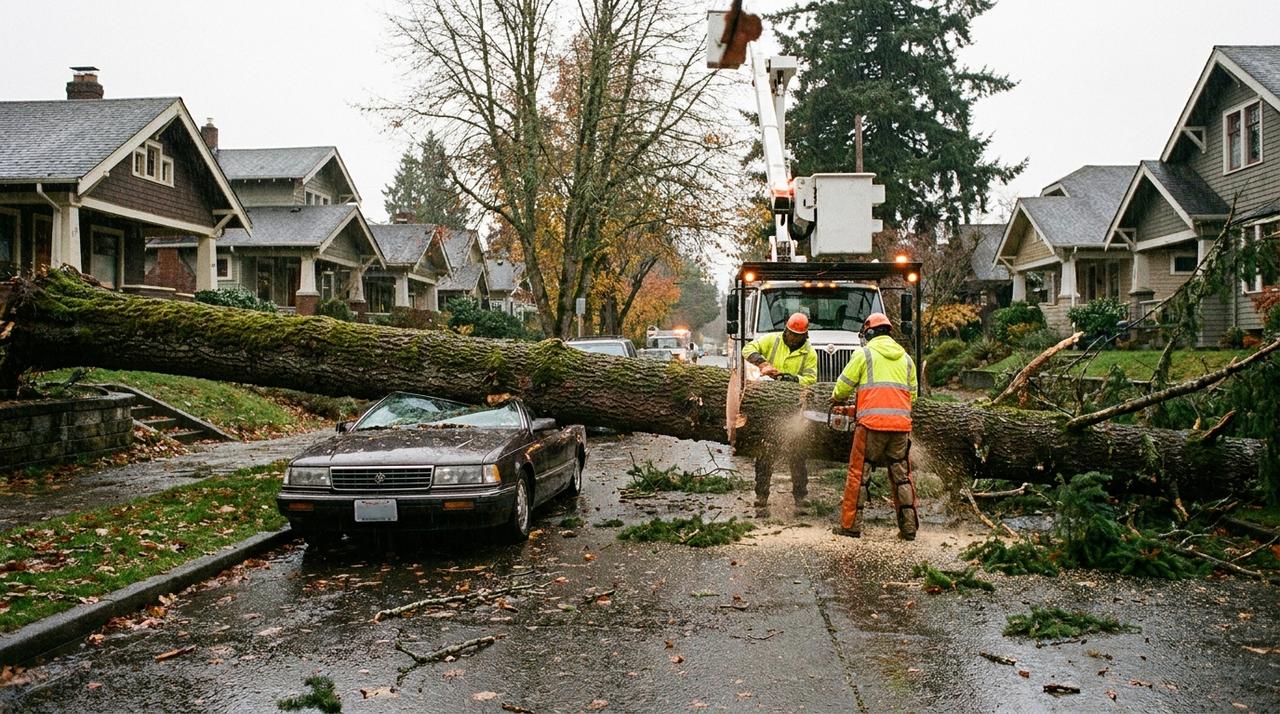 An arborist crew cutting up a fallen fir that landed on a parked car on a rainy Seattle street of Craftsman homes, with a bucket truck behind