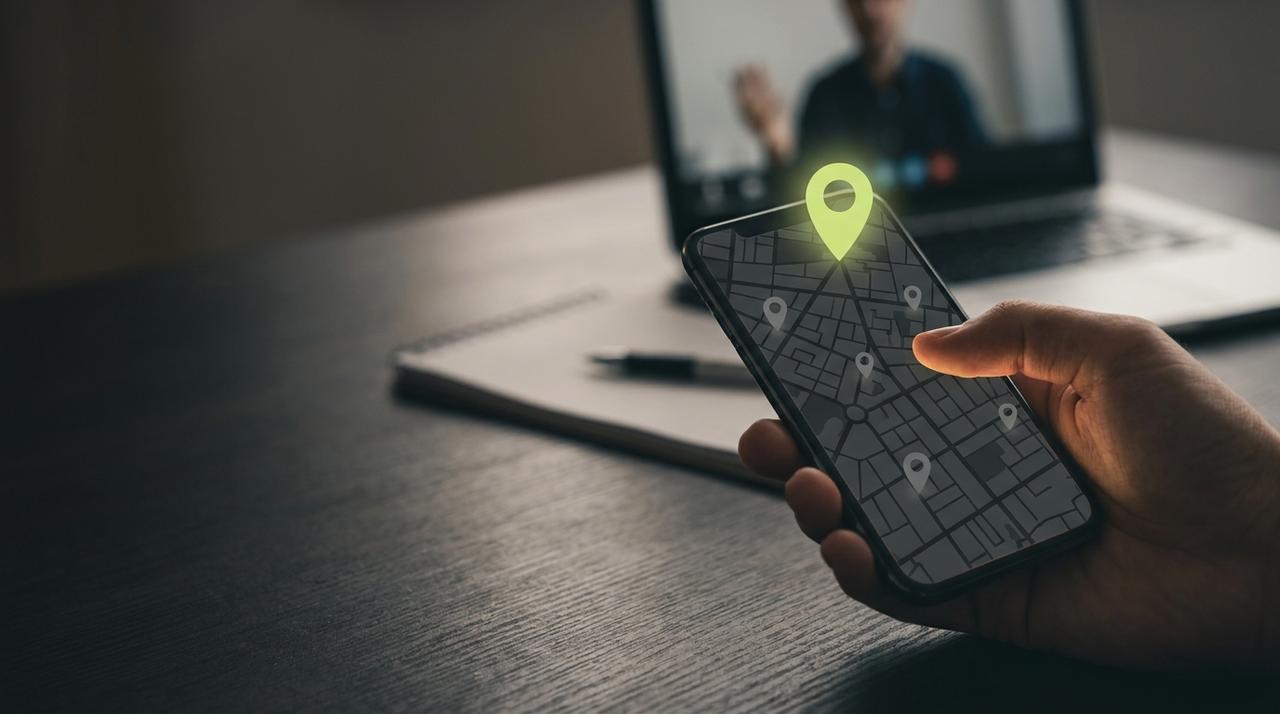 A hand holding a phone with a dark city map and one green pin standing out from the grey ones