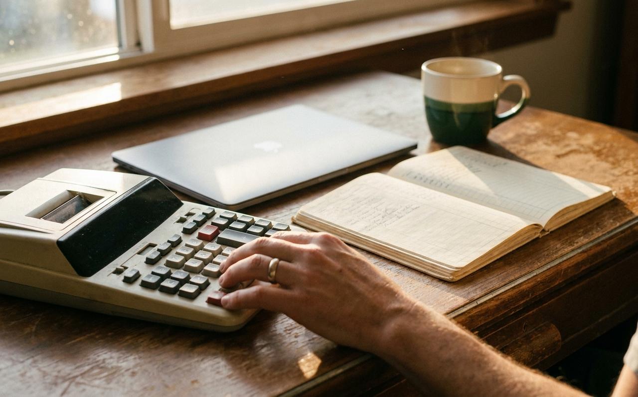 Owner working a desk calculator beside a ledger
