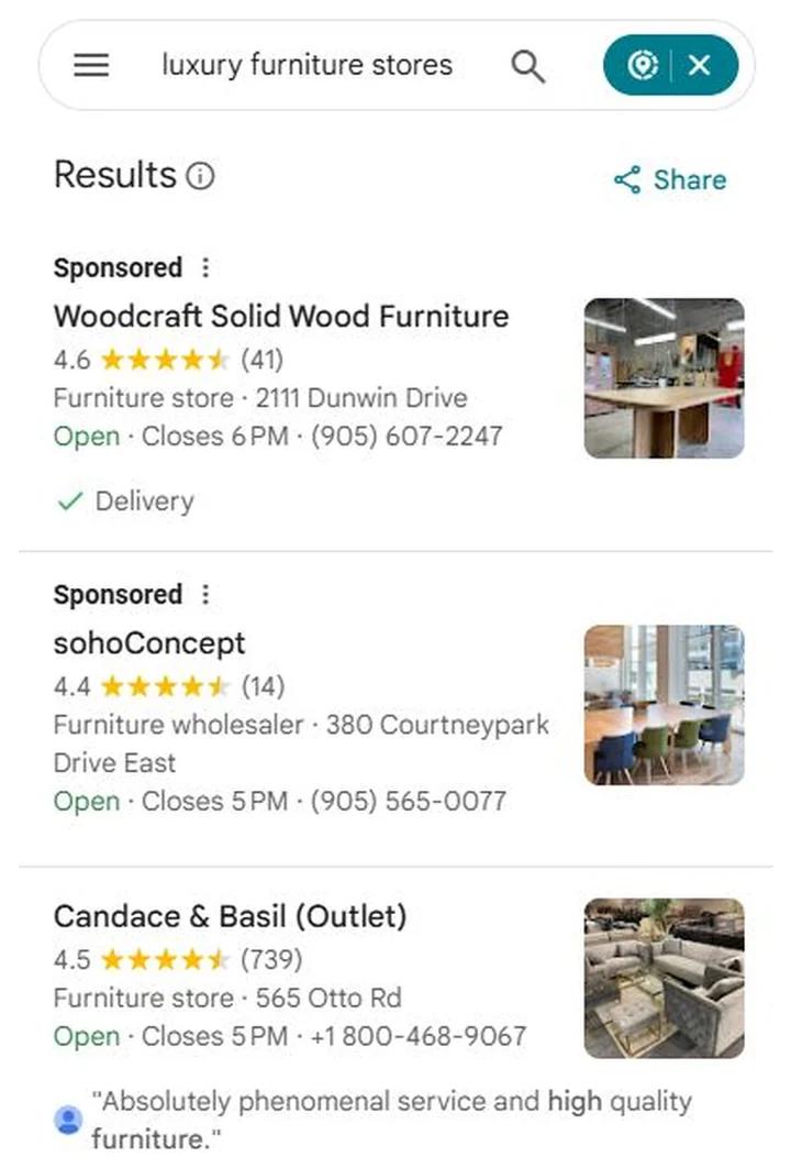 Google Maps results for luxury furniture stores with Candace & Basil at position 1