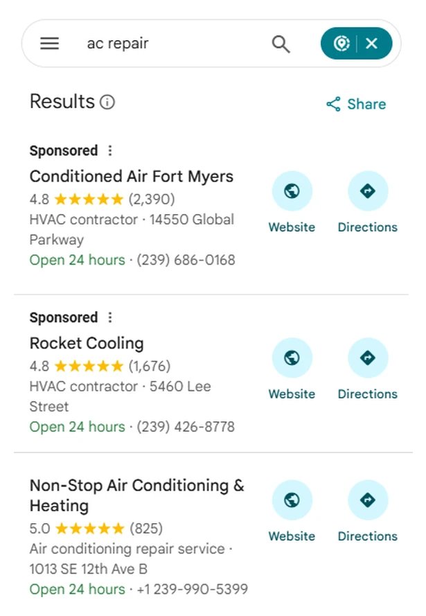 Google Maps list for ac repair: two sponsored listings, then Non-Stop Air Conditioning and Heating, 5.0 stars from 825 reviews