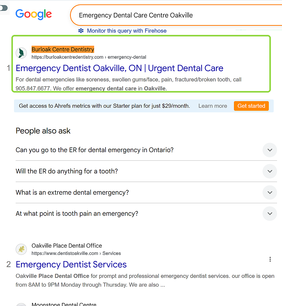 Google result showing Burloak Centre Dentistry first for emergency dental care centre Oakville