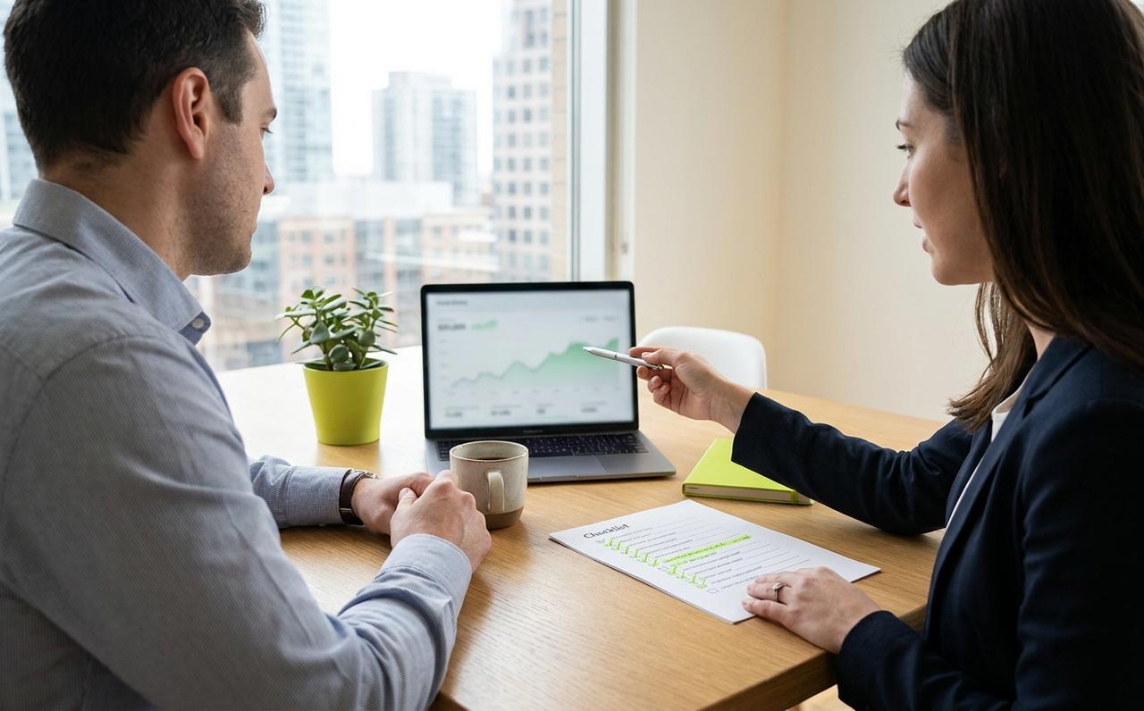 An SEO strategist points at a rising traffic chart on a laptop while a business owner looks on, a printed SEO audit checklist with items ticked in green on the table