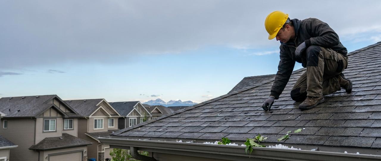 A roofer in a hard hat checking hail-damaged shingles on a Calgary home, hailstones still in the eavestrough and the Rocky Mountains on the horizon