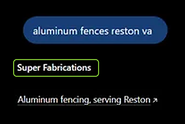 ChatGPT answer for aluminum fences reston va naming Super Fabrications with a link to its aluminum fencing page