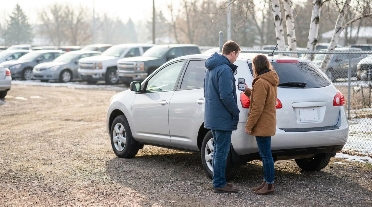 A couple on a Minnesota used-car lot in early winter, checking a listing on a phone beside a silver SUV