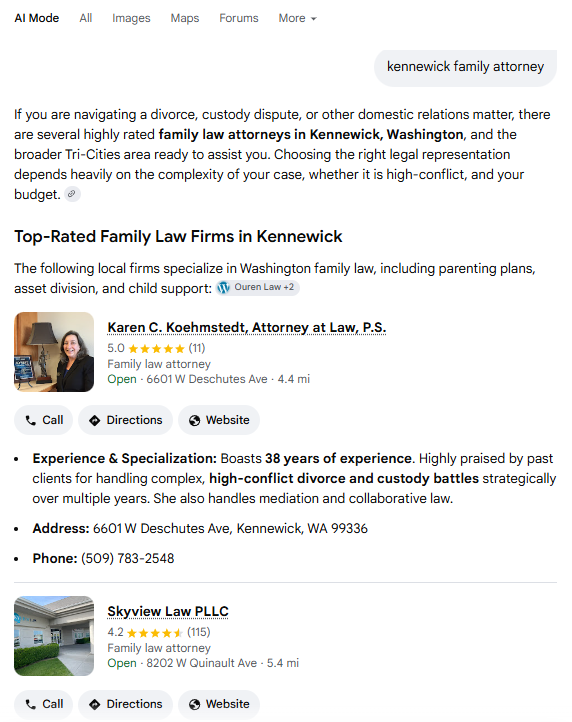 Google AI Mode answer for kennewick family attorney listing Skyview Law PLLC among top-rated family law firms in Kennewick