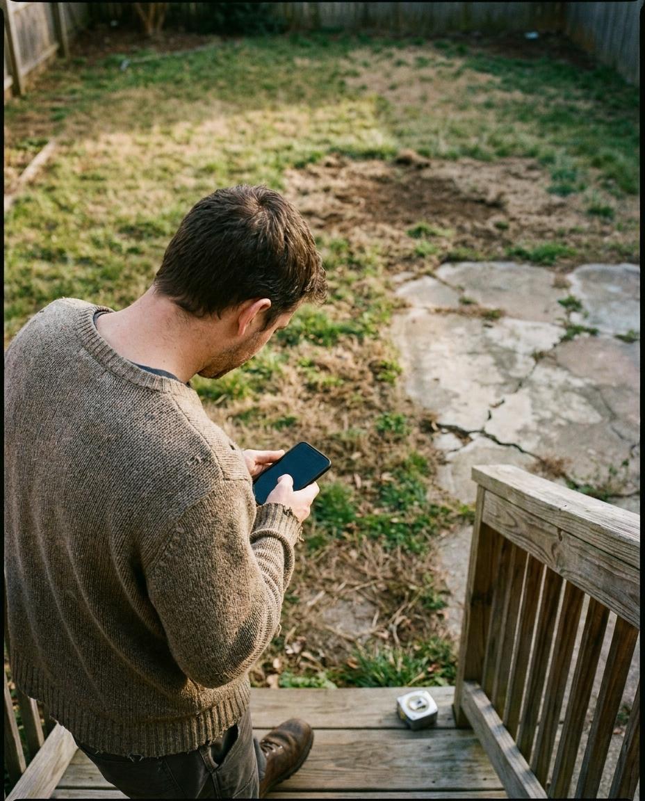 A homeowner on the back steps looking at his phone above a patchy lawn and a cracked old patio, a tape measure on the step