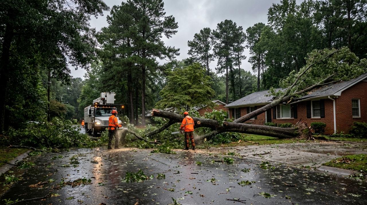 Two arborists cutting up a fallen oak that came down across a wet North Raleigh street and onto a brick ranch house, with a bucket truck and tall pines behind