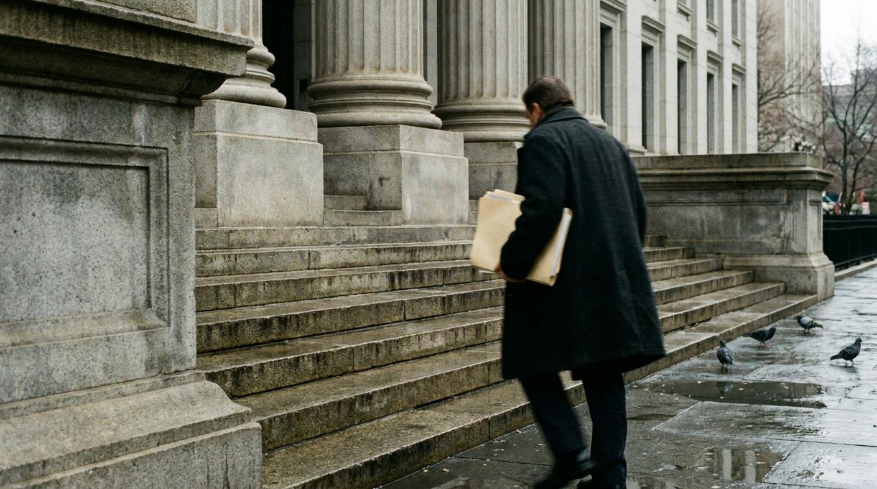 A lawyer carrying a case file up the wet stone steps of a courthouse