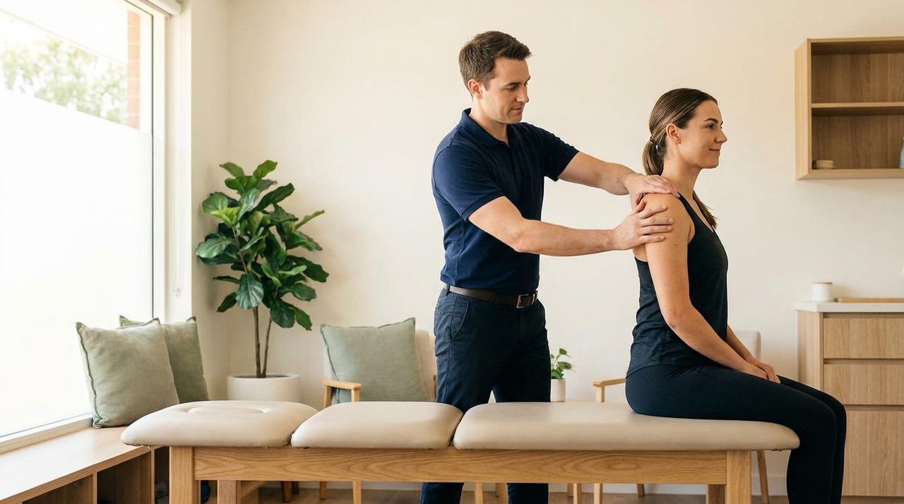 A chiropractor in a navy polo assesses the shoulder of a patient sitting on a treatment table in a bright clinic room