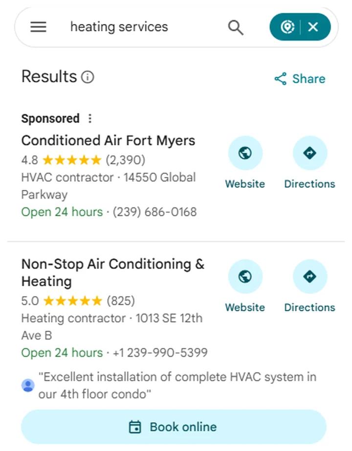 Google Maps results for heating services with Non-Stop Air Conditioning & Heating at position 1