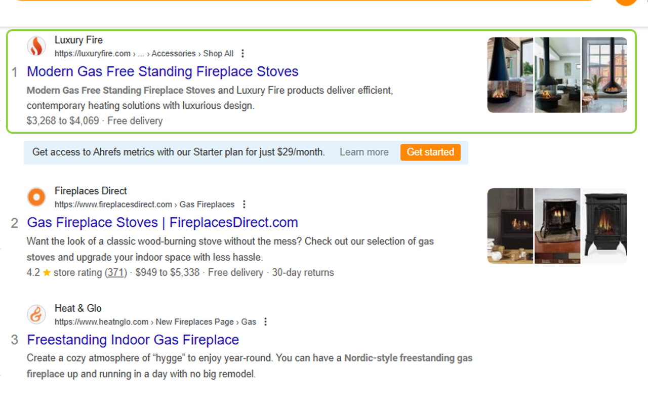 Google results for freestanding gas fireplace with Luxury Fire in position 1 above Fireplaces Direct and Heat and Glo