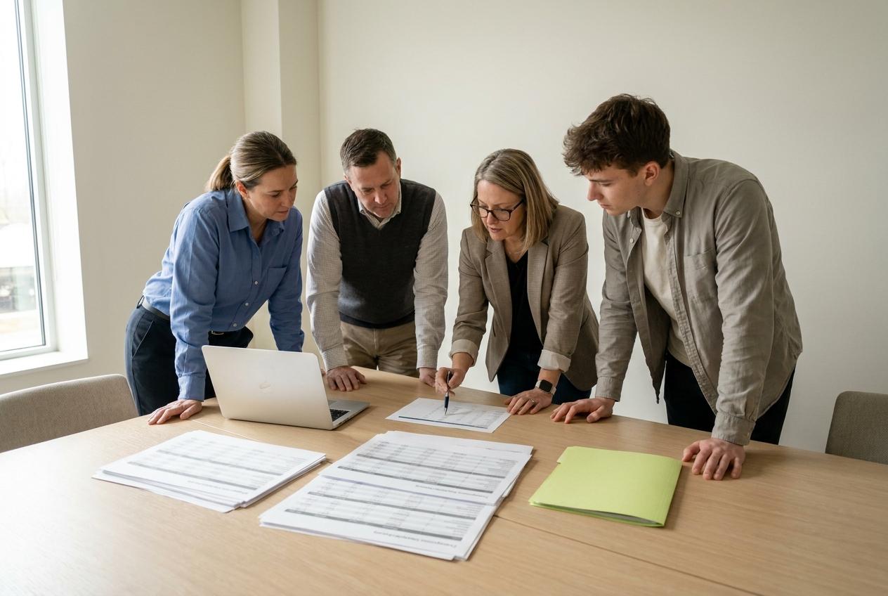 Four colleagues around a meeting table comparing supplier sheets, one pointing at a line with a pen