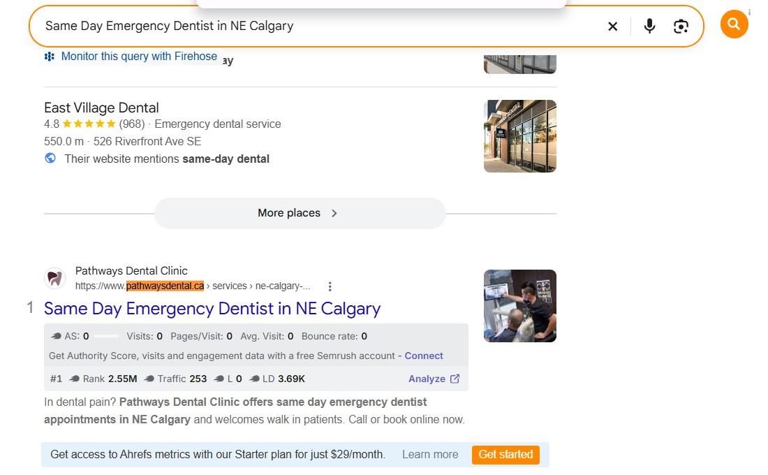 Google results for Same Day Emergency Dentist in NE Calgary with Pathways Dental Clinic as the first ordinary result below the map listings