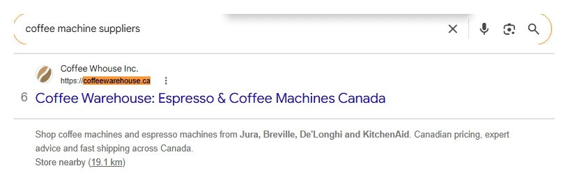 Google search for coffee machine suppliers with Coffee Warehouse at result 6