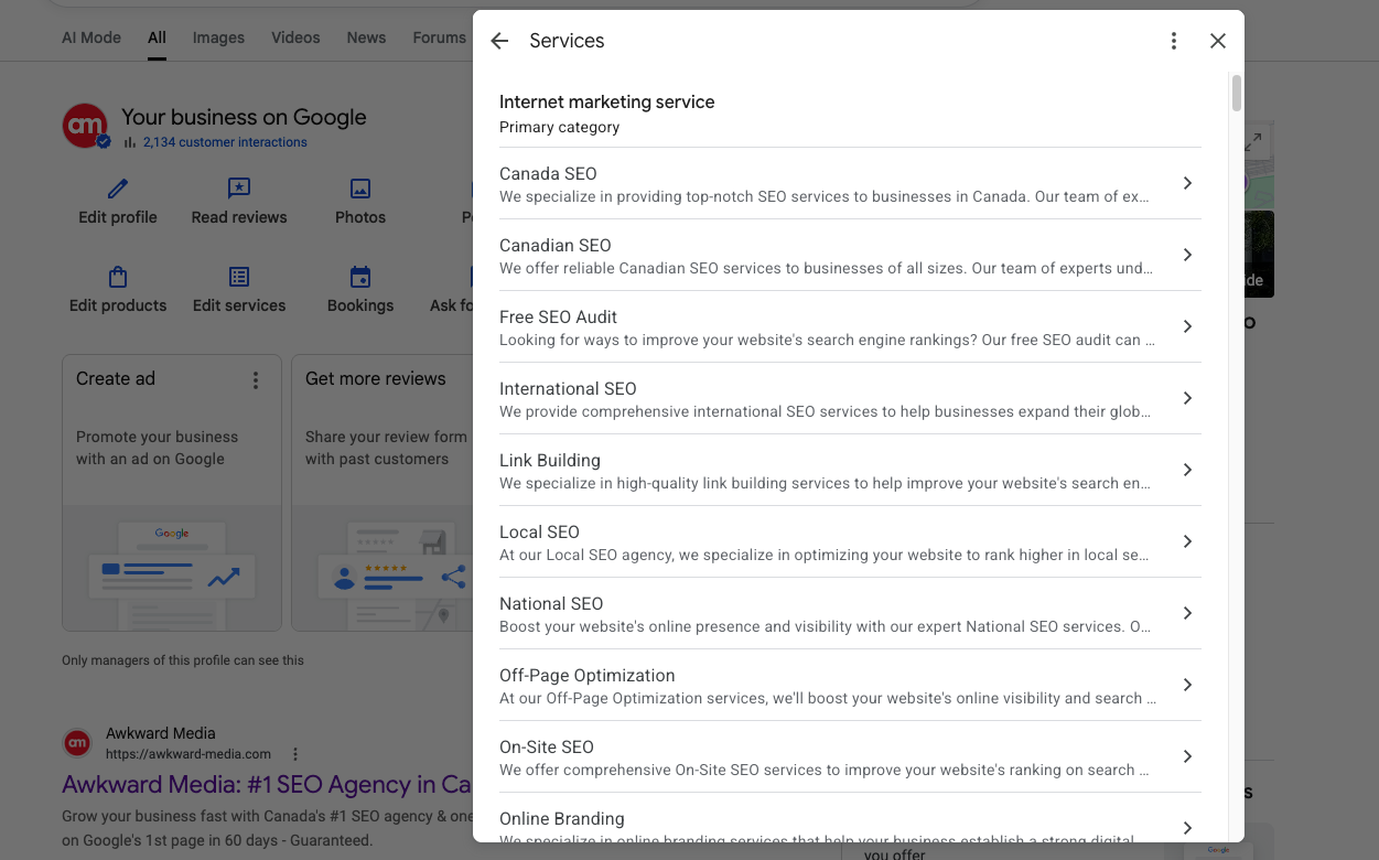 The Services editor in a Google Business Profile showing individual services each with its own written description