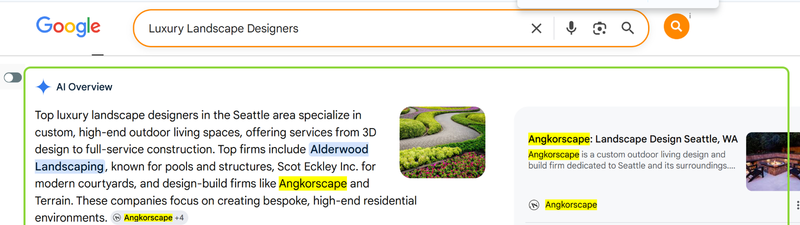 Google AI Overview for Luxury Landscape Designers naming Angkorscape